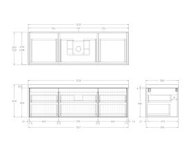 Technical Drawing - Kado Neue Fluted Square All Drawer 1500mm Wall Hung Vanity with Centre Basin 50mm Top