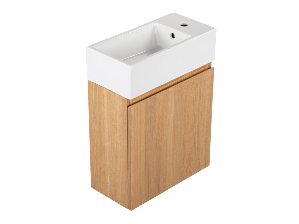 Supporting Image - Posh Solus Powder Room Vanity Unit Wall Mounted Left Hand Bowl 1 Taphole Oak Finish
