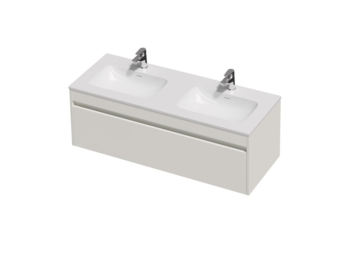 Hero - Posh Domaine Single 1200 Double Bowl 1 Drawer Wall Hung Vanity White Console Top Gloss White Mineral Cast