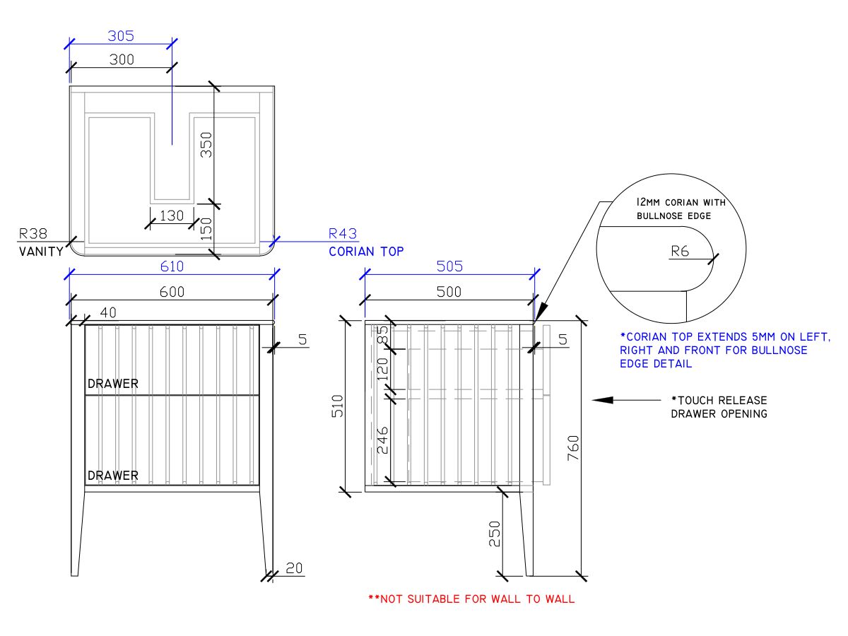 ISSY Cloud II 600mm x 500mm x 760mm Vanity Unit with Legs 2 Touch Latch Drawers (No Basin)