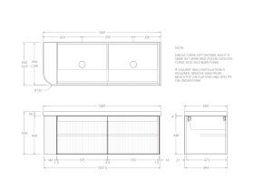 Technical Drawing - Kado Neue Fluted Single Curve All Door 1350mm Wall Hung Vanity with Double Basin Durasein 50mm Top