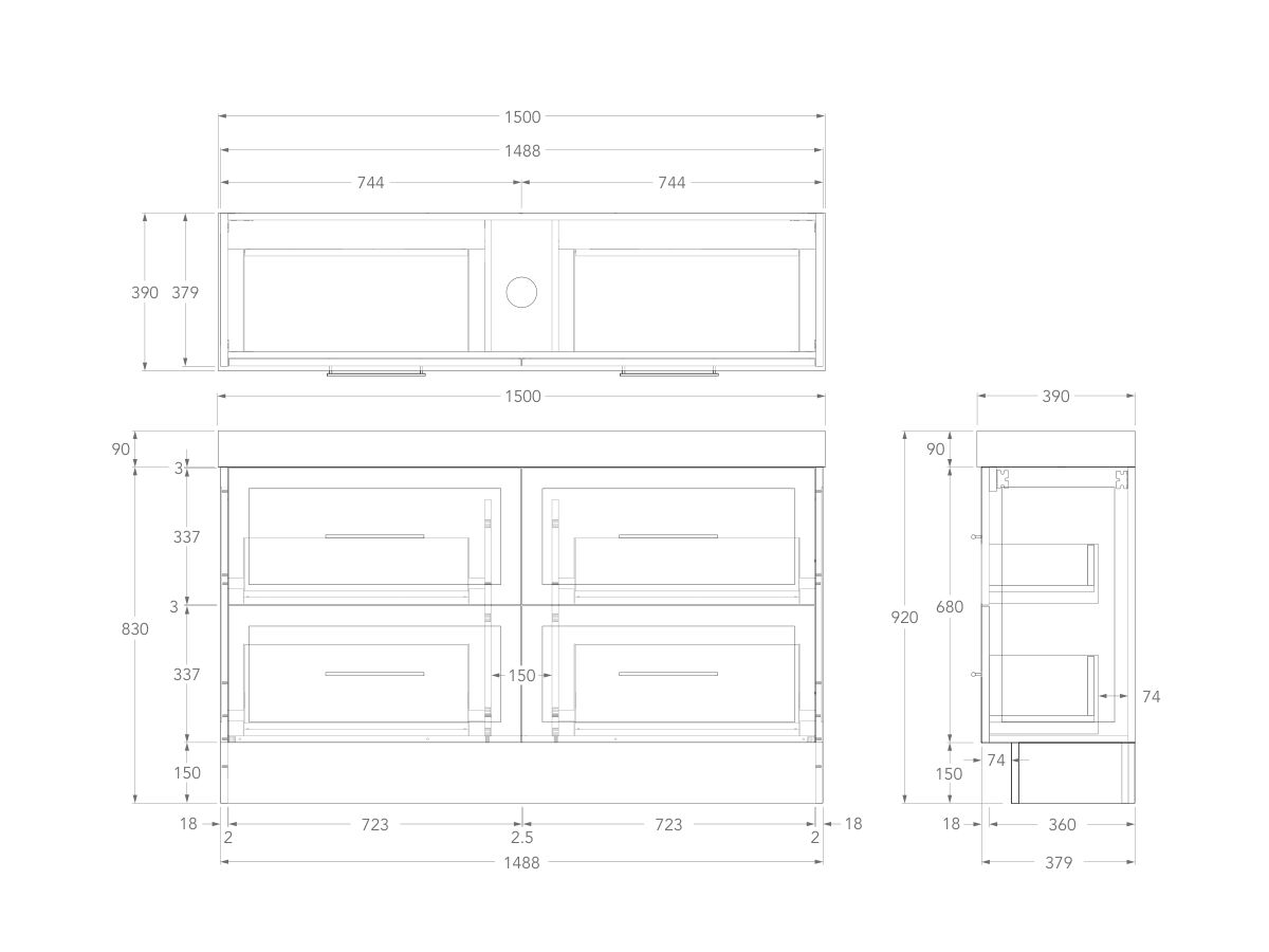 Technical Drawing - Kado Lux Ensuite All Drawer Twin 1500mm Floor Mount Centre Basin 90mm Top