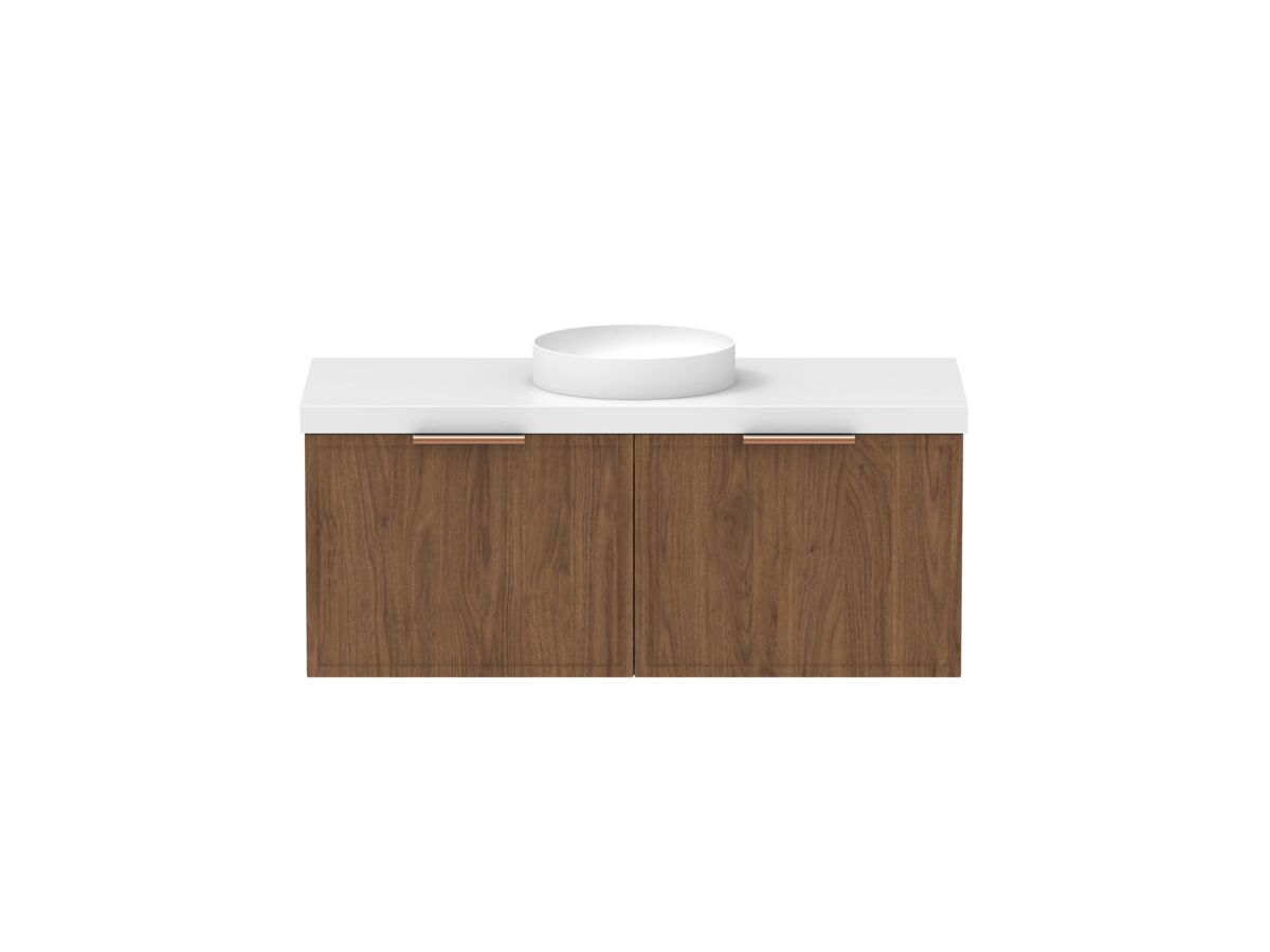 Supporting Image - Kado Lux Slim All Drawer 1200mm Wall Hung Vanity with Centre Basin 50mm Top Florentine Walnut