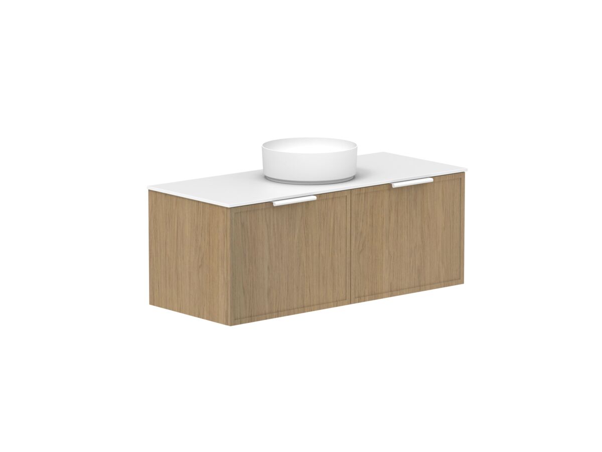 Hero - Kado Lux Slim All Drawer 1200mm Wall Hung Vanity with Centre Basin Durasein 12mm Top Boston Oak