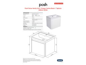 Specification Sheet - Posh Solus 500mm Wall Hung Vanity Unit 1 Drawer 1 Taphole with Overflow