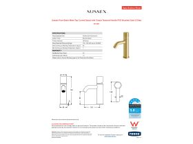 Specification Sheet - Sussex Pure Basin Mixer Tap Curved Spout with Cirque Textured Handle PVD Brushed Gold (5 Star)