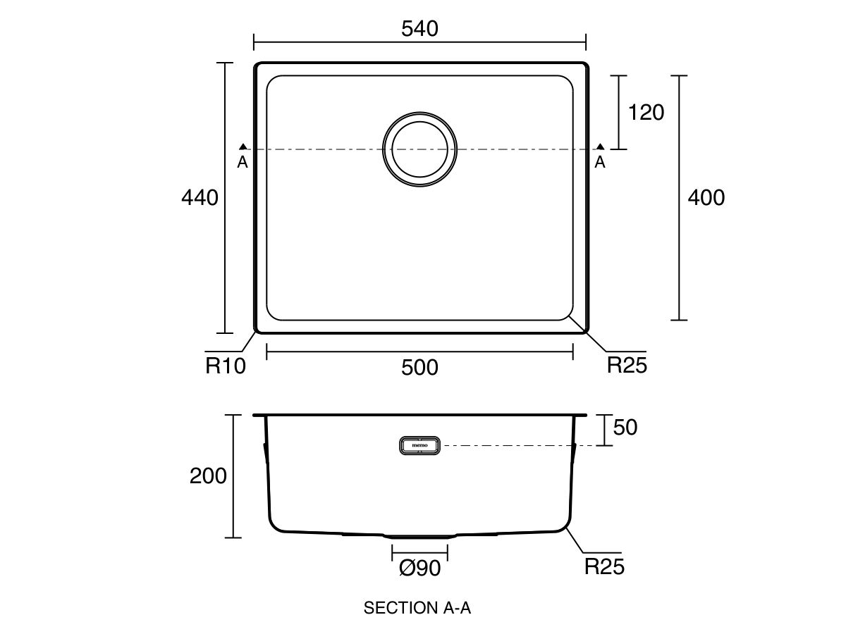 Technical Drawing - Memo Oscar Inset/Undermount Extended Single Bowl Sink 500mm Overflow No Taphole