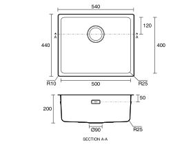 Technical Drawing - Memo Oscar Inset/Undermount Extended Single Bowl Sink 500mm Overflow No Taphole