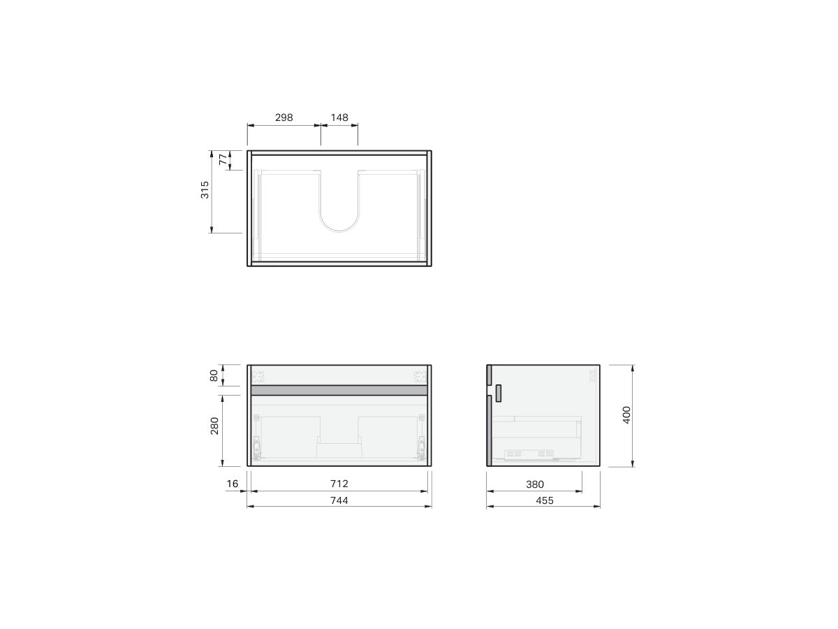Technical Drawing - Posh Domaine Single 750 1 Drawer Wall Hung Vanity Mineral Cast