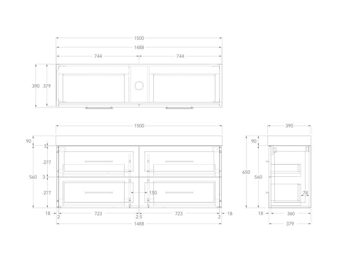 Technical Drawing - Kado Lux Ensuite All Drawer Twin 1500mm Wall Hung Centre Basin 90mm Top