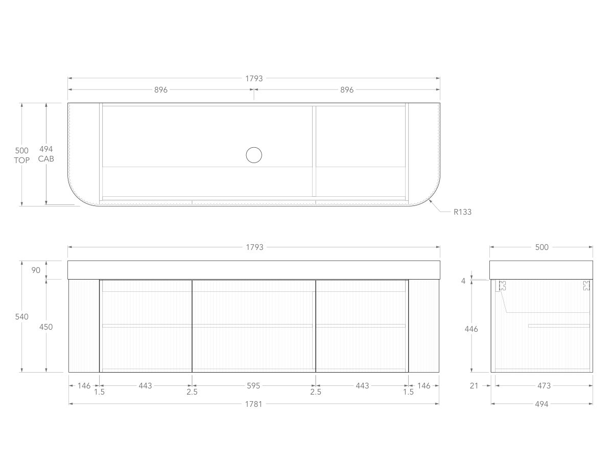 Technical Drawing - Kado Neue Fluted Double Curve All Door 1800mm Wall Hung Vanity with Centre Basin Durasein 90mm Top