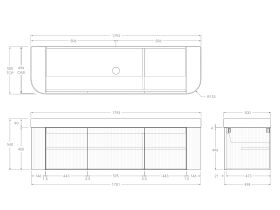Technical Drawing - Kado Neue Fluted Double Curve All Door 1800mm Wall Hung Vanity with Centre Basin Durasein 90mm Top