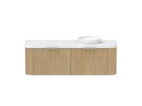Supporting Image - Kado Neue Fluted Double Curve All Drawer 1500mm Wall Hung Vanity with Right Hand Basin Durasein 50mm Top Boston Oak
