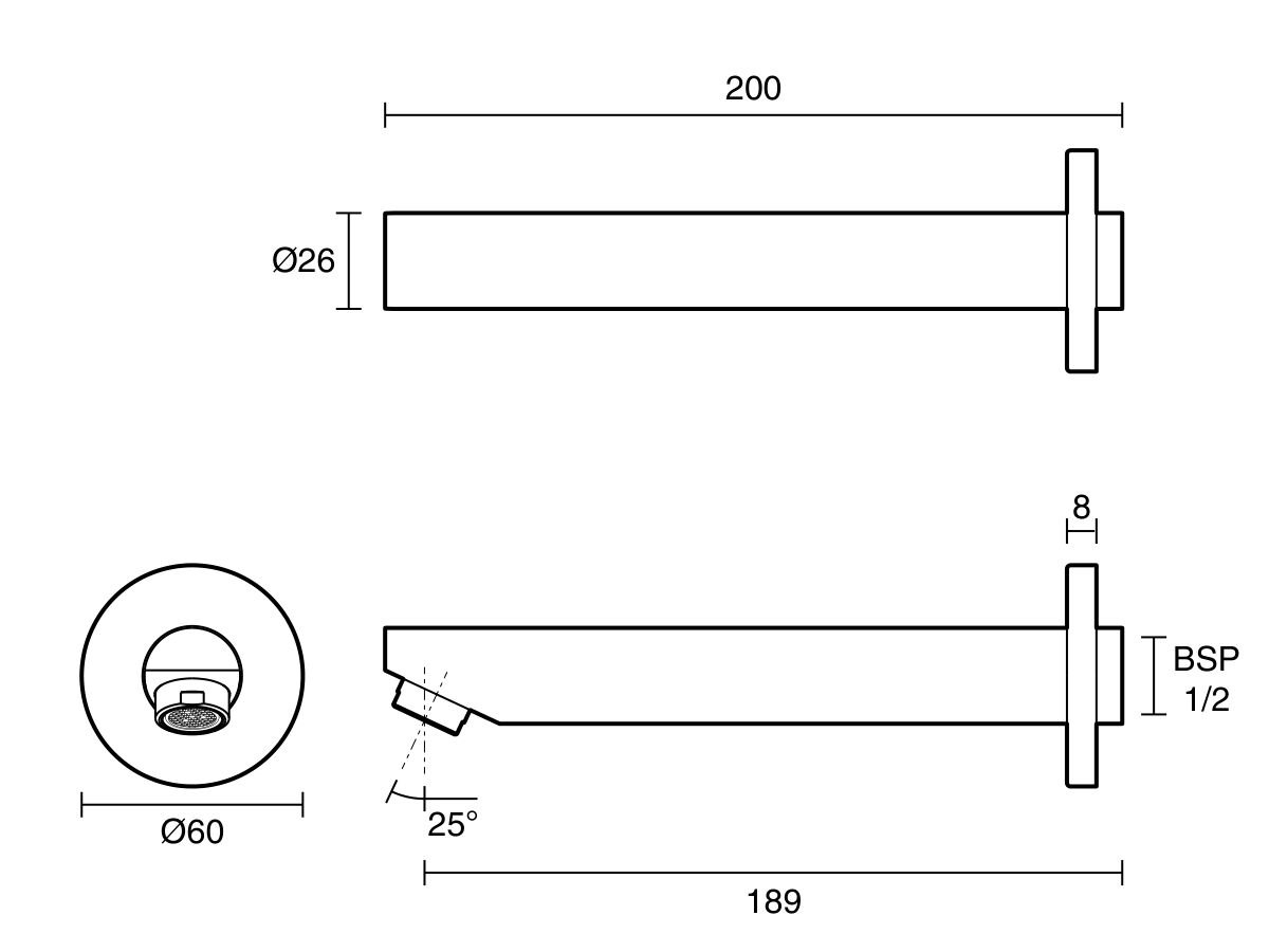 Technical Drawing - Posh Bristol Pin Bath Outlet 200mm Lead Free