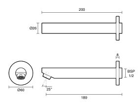 Technical Drawing - Posh Bristol Pin Bath Outlet 200mm Lead Free