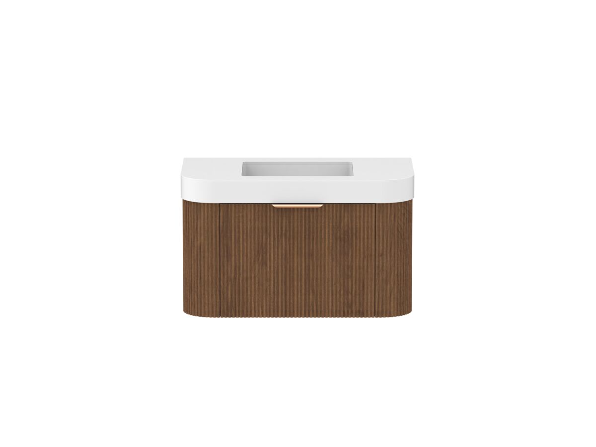 Hero - Kado Neue Fluted Double Curve All Drawer 900mm Wall Hung Vanity with Centre Basin Durasein 90mm Top Florentine Walnut