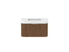 Hero - Kado Neue Fluted Double Curve All Drawer 900mm Wall Hung Vanity with Centre Basin Durasein 90mm Top Florentine Walnut