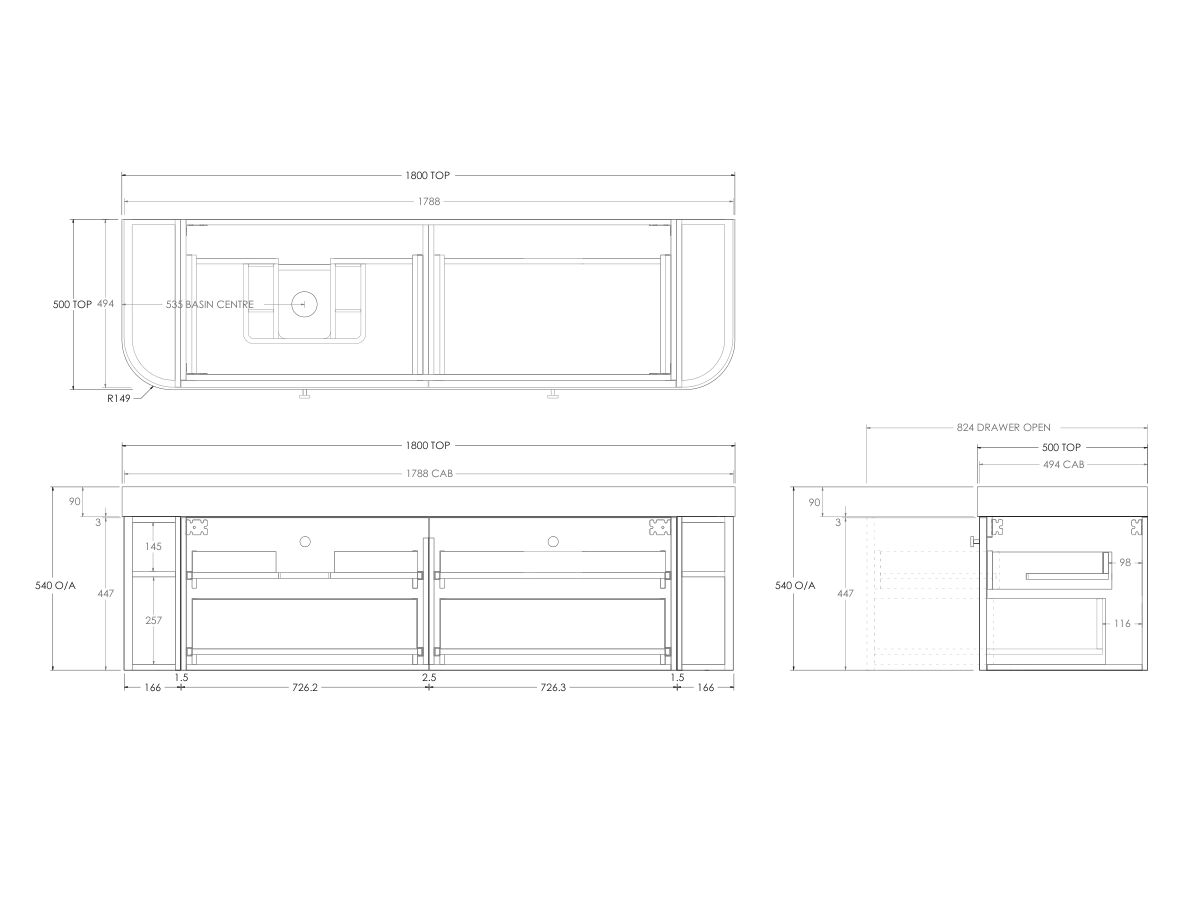 Technical Drawing - Kado Era Double Curve All Drawer 1800mm Wall Hung Vanity Left Hand Basin 90mm Durasein Top