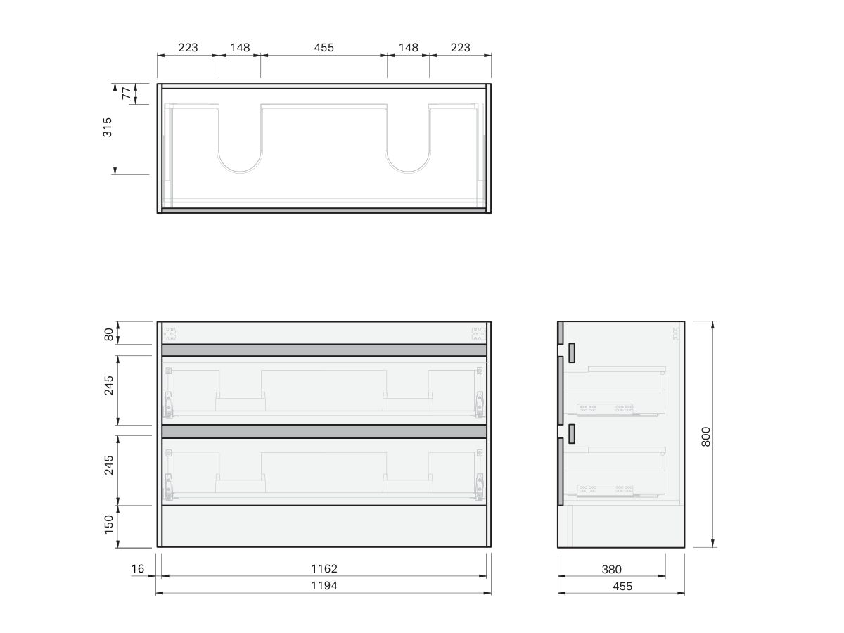 Technical Drawing - Posh Domaine Twin 1200 Double Bowl 2 Drawer Floor Standing Vanity Mineral Cast