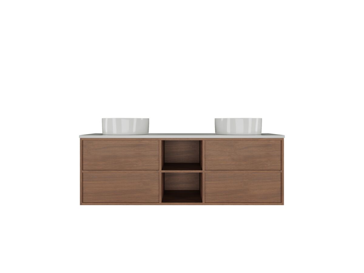 Supporting Image - Kado Aspect Shelf Vanity Unit 1500mm Double Bowl 4 Drawer Corian 20mm Top - Florentine Walnut