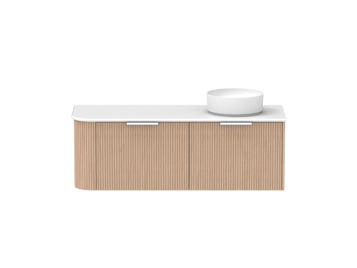 Supporting Image - Kado Neue Fluted Single Curve All Drawer 1350mm Wall Hung Vanity with Right Hand Basin 20mm Top Blonde Oak