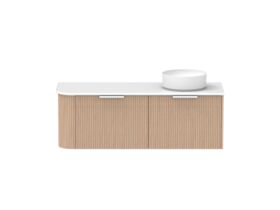Supporting Image - Kado Neue Fluted Single Curve All Drawer 1350mm Wall Hung Vanity with Right Hand Basin 20mm Top Blonde Oak