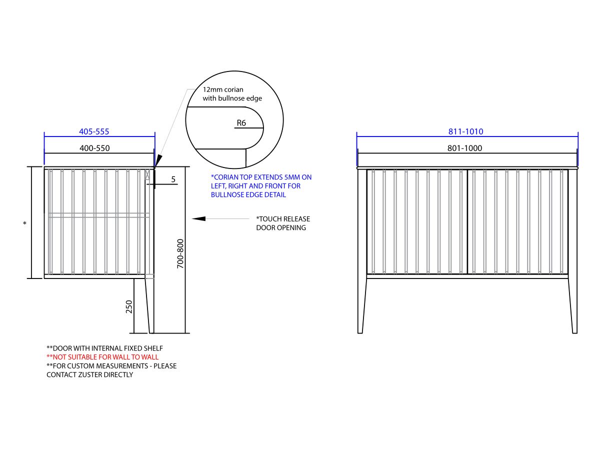 ISSY Custom Cloud I 801-1000mm x 400-550mm x 700-800mm Vanity Unit with Legs 2 Touch Latch Doors (No Basin)