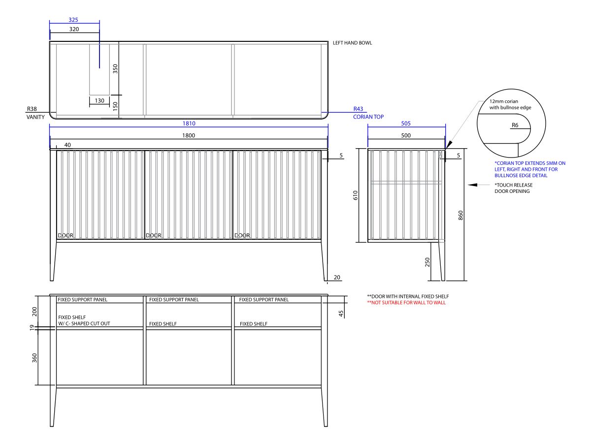 ISSY Cloud I 1800mm x 500mm x 860mm Vanity Unit with Legs 3 Touch Latch Doors Semi Inset (No Basin)