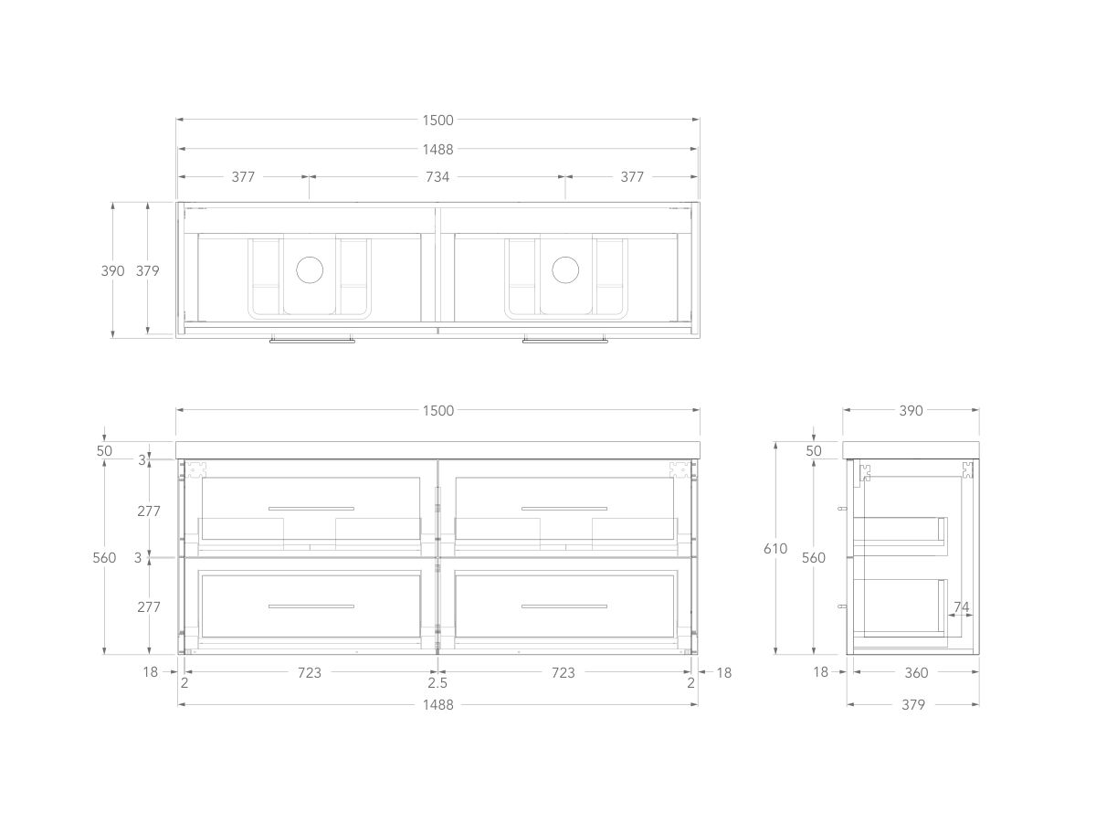 Technical Drawing - Kado Lux Ensuite All Drawer Twin 1500mm Wall Hung Double Basin 50mm Top