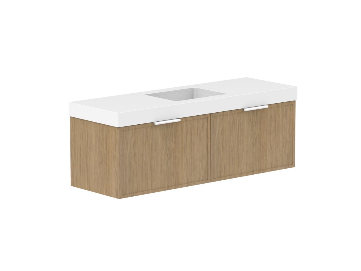 Hero - Kado Lux Slim All Drawer 1500mm Wall Hung Vanity with Centre Basin 90mm Top Boston Oak