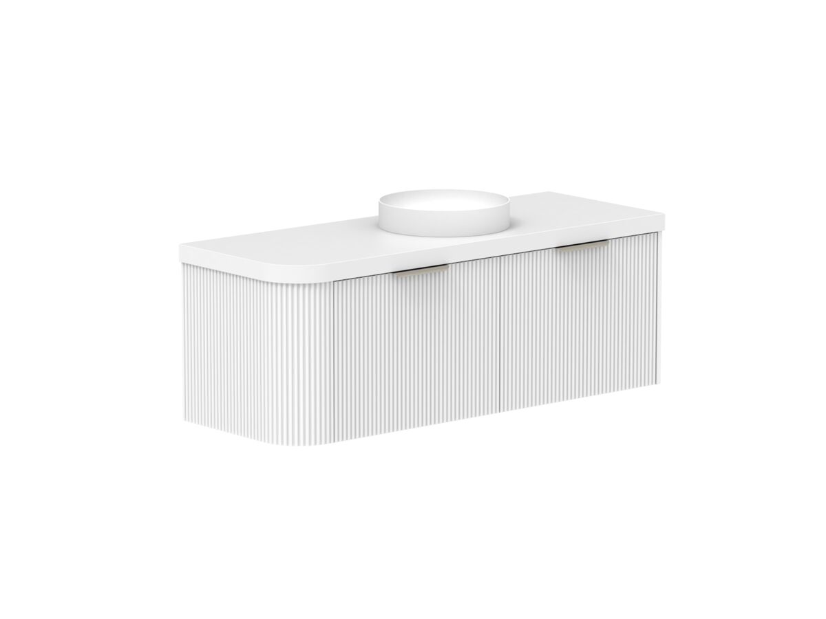 Supporting Image 2- Kado Neue Fluted Single Curve All Drawer 1350mm Wall Hung Vanity with Centre Basin Durasein 50mm Top Ultra White