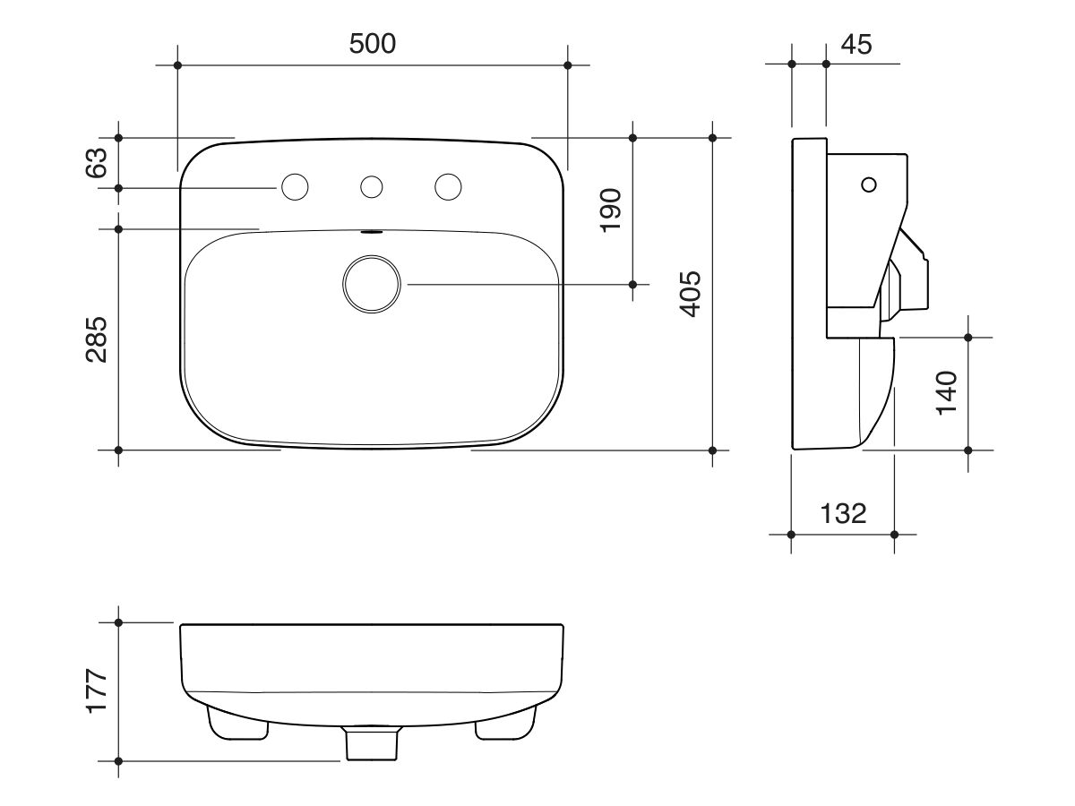 Technical Drawing - Caroma Forma II 500mm Semi Recess Basin Three Tapholes with Overflow Gloss White