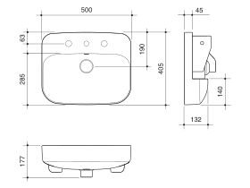 Technical Drawing - Caroma Forma II 500mm Semi Recess Basin Three Tapholes with Overflow Gloss White