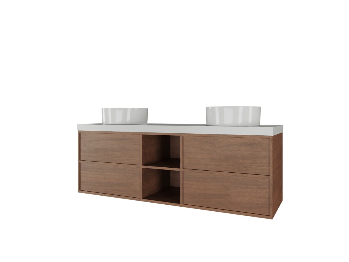 Supporting Image - Kado Aspect Shelf Vanity Unit 1500mm Double Bowl 4 Drawer Corian 50mm Top - Florentine Walnut