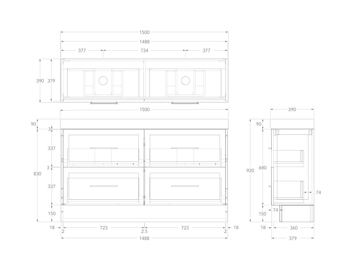 Technical Drawing - Kado Lux Ensuite All Drawer Twin 1500mm Floor Mount Double Basin 90mm Top