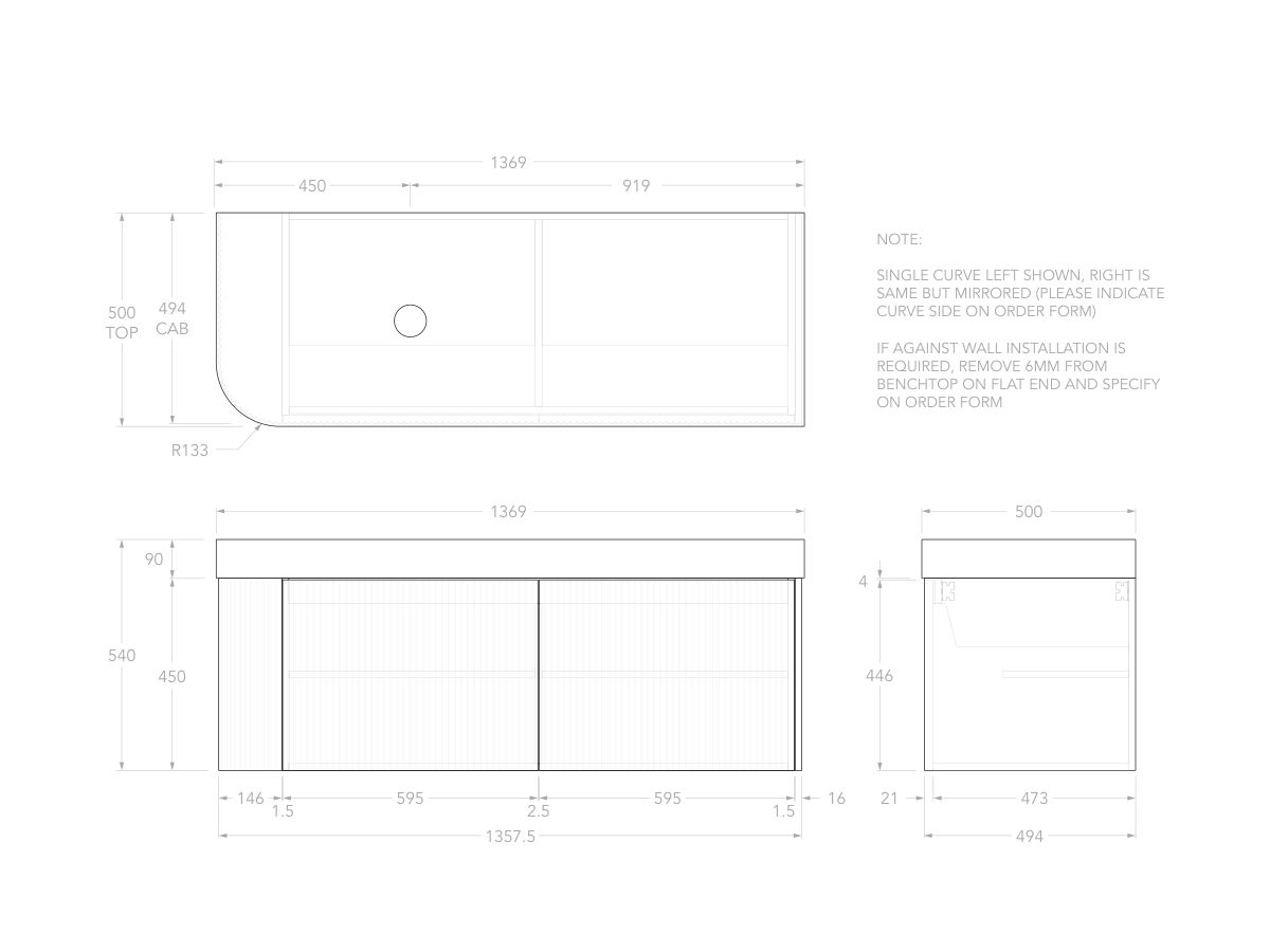 Technical Drawing - Kado Neue Fluted Single Curve All Door 1350mm Wall Hung Vanity with Left Hand Basin Durasein 90mm Top