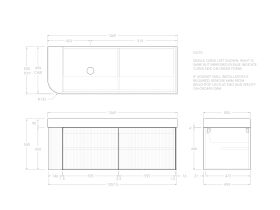 Technical Drawing - Kado Neue Fluted Single Curve All Door 1350mm Wall Hung Vanity with Left Hand Basin Durasein 90mm Top