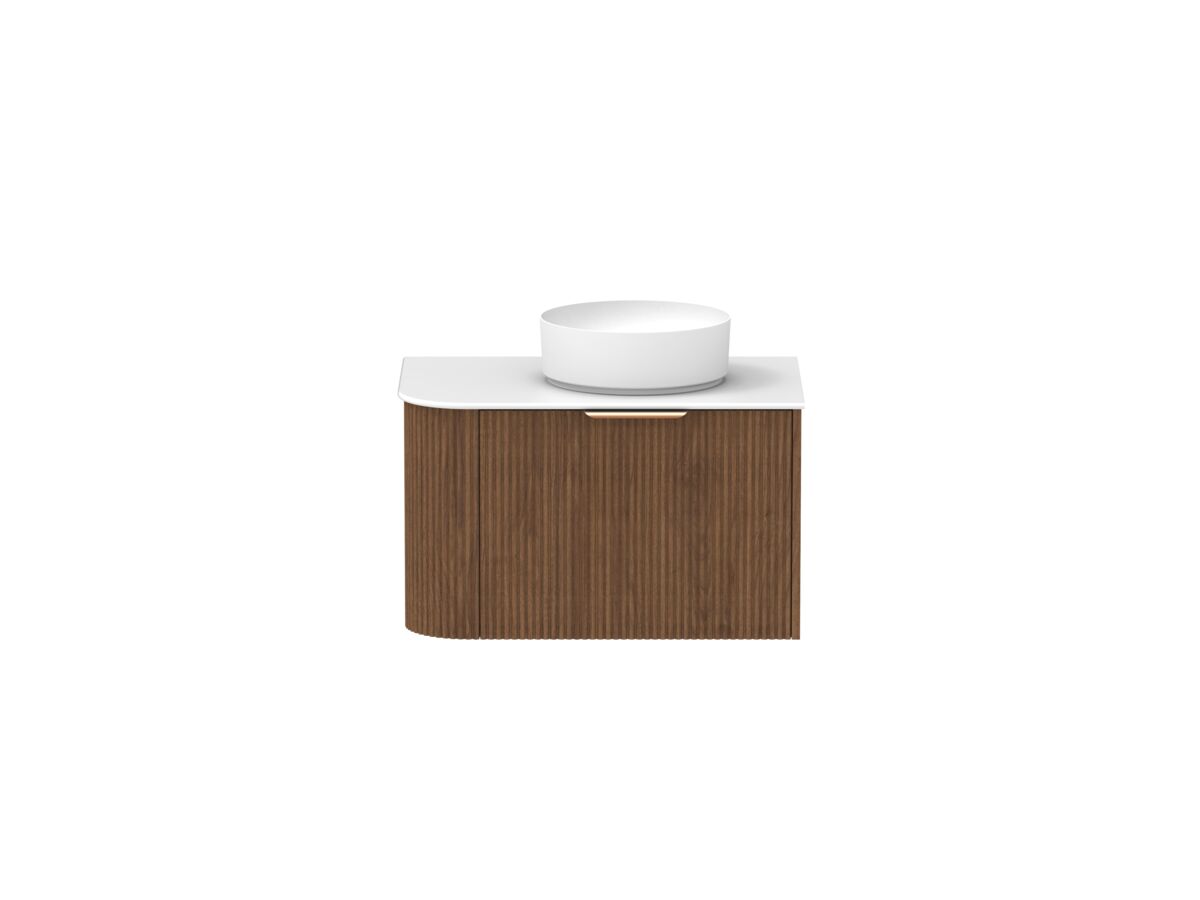 Supporting Image - Kado Neue Fluted Single Curve All Drawer 750mm Wall Hung Vanity with Centre Basin Durasein 12mm Top Florentine Walnut