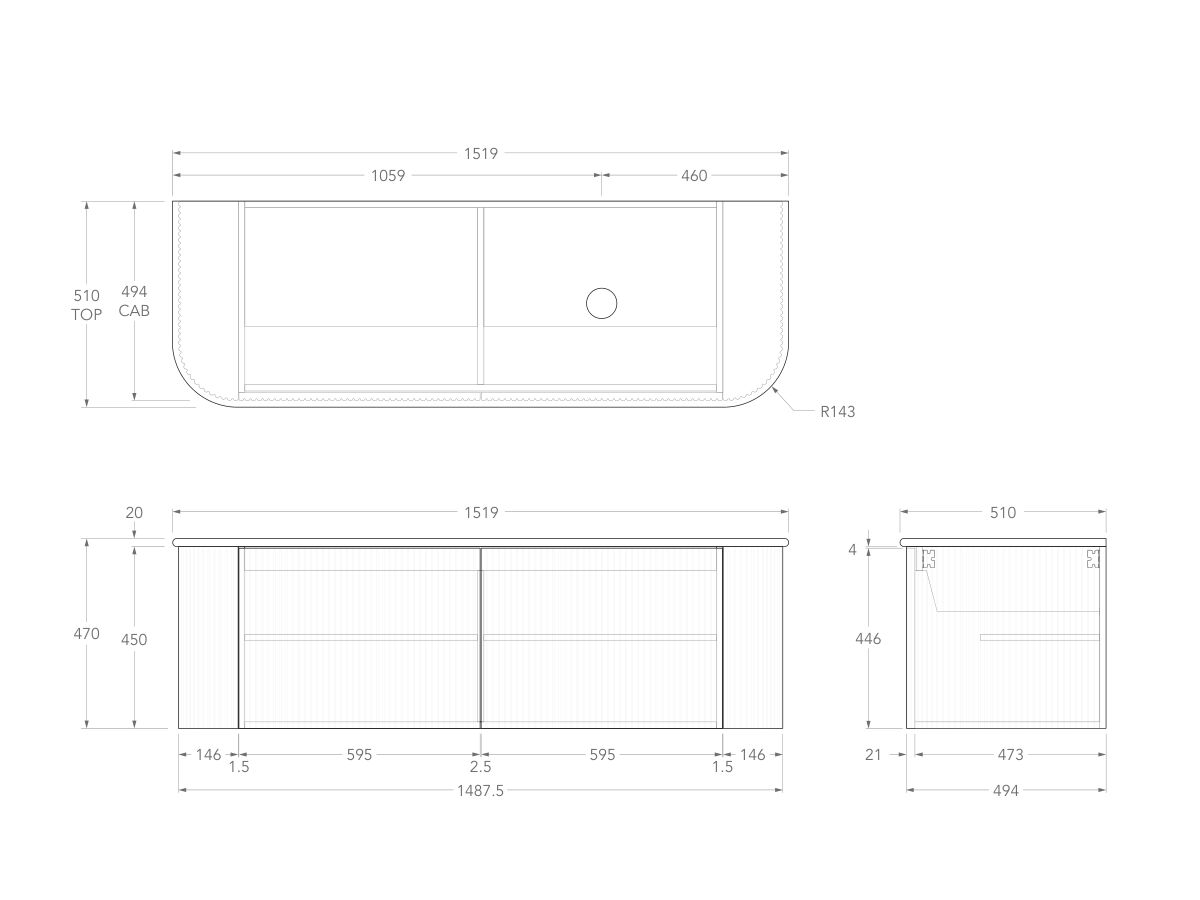 Technical Drawing - Kado Neue Fluted Double Curve All Door 1500mm Wall Hung Vanity with Right Hand Basin 20mm Top