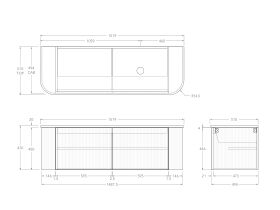 Technical Drawing - Kado Neue Fluted Double Curve All Door 1500mm Wall Hung Vanity with Right Hand Basin 20mm Top