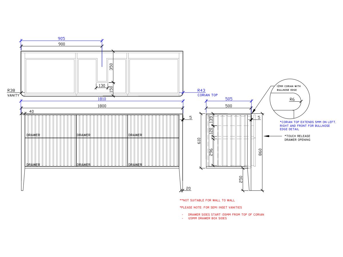 ISSY Cloud II 1800mm x 500mm x 860mm Vanity Unit with Legs 6 Touch Latch Drawers Semi Inset (No Basin)