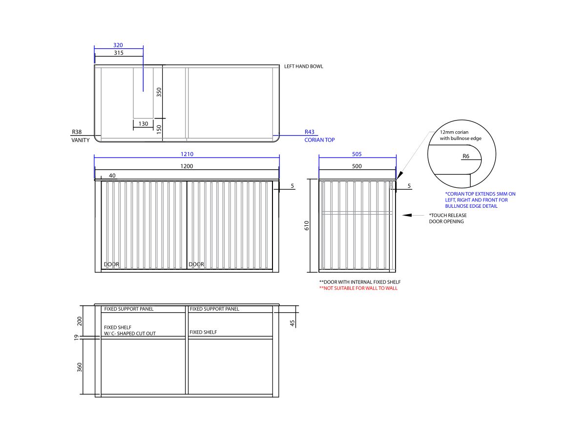 ISSY Cloud I 1200mm x 500mm x 610mm Wall Hung Vanity Unit 2 Touch Latch Doors Semi Inset (No Basin)