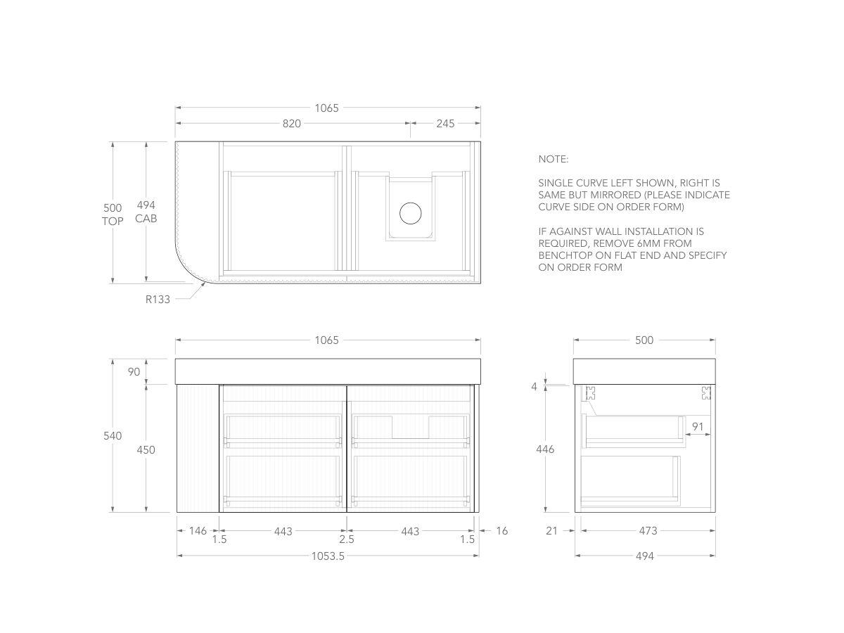 Technical Drawing - Kado Neue Fluted Single Curve All Drawer 1050mm Wall Hung Vanity with Right Hand Basin Durasein 90mm Top