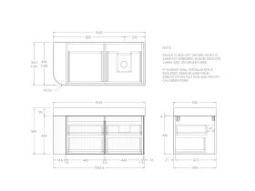 Technical Drawing - Kado Neue Fluted Single Curve All Drawer 1050mm Wall Hung Vanity with Right Hand Basin Durasein 90mm Top