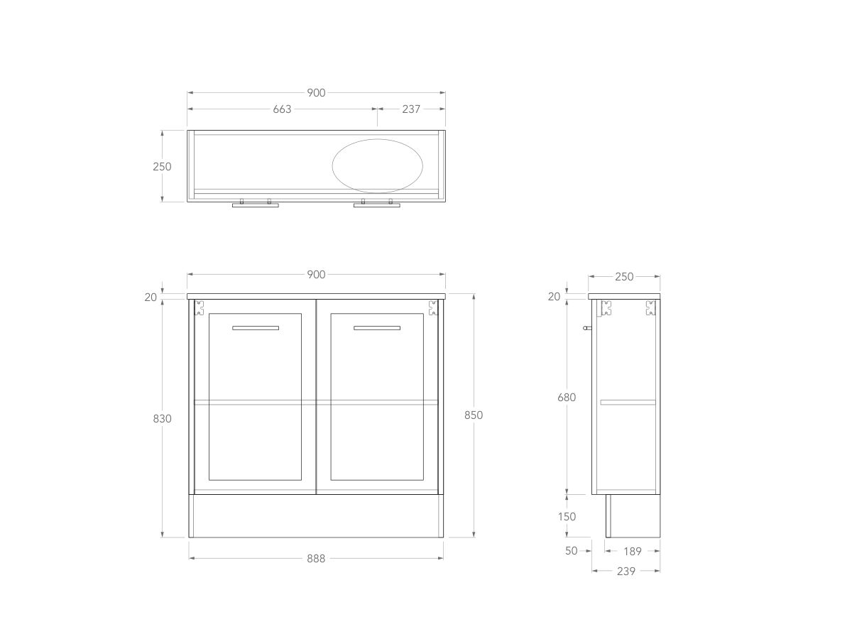 Technical Drawing - Kado Lux Petite 900mm Floor Mounted Vanity Right Hand Basin 20mm Top