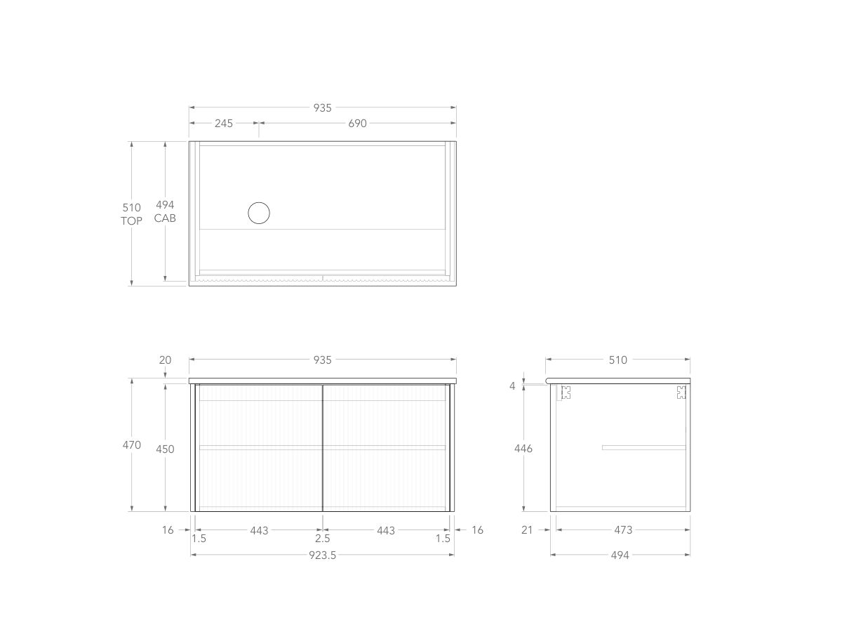 Technical Drawing - Kado Neue Fluted Square All Door 900mm Wall Hung Vanity with Left Basin 20mm Top