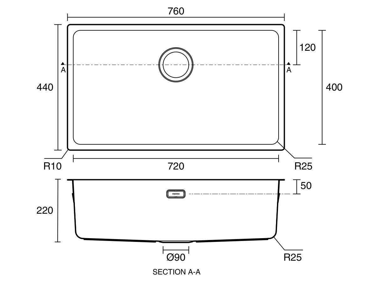 Technical Drawing - Memo Oscar Inset/Undermount Mega Single Bowl Sink 720mm Overflow No Taphole