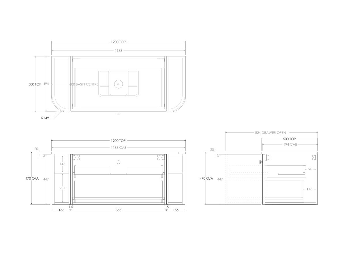 Technical Drawing - Kado Era Double Curve All Drawer 1200mm Wall Hung Vanity with Centre Basin 20mm Top
