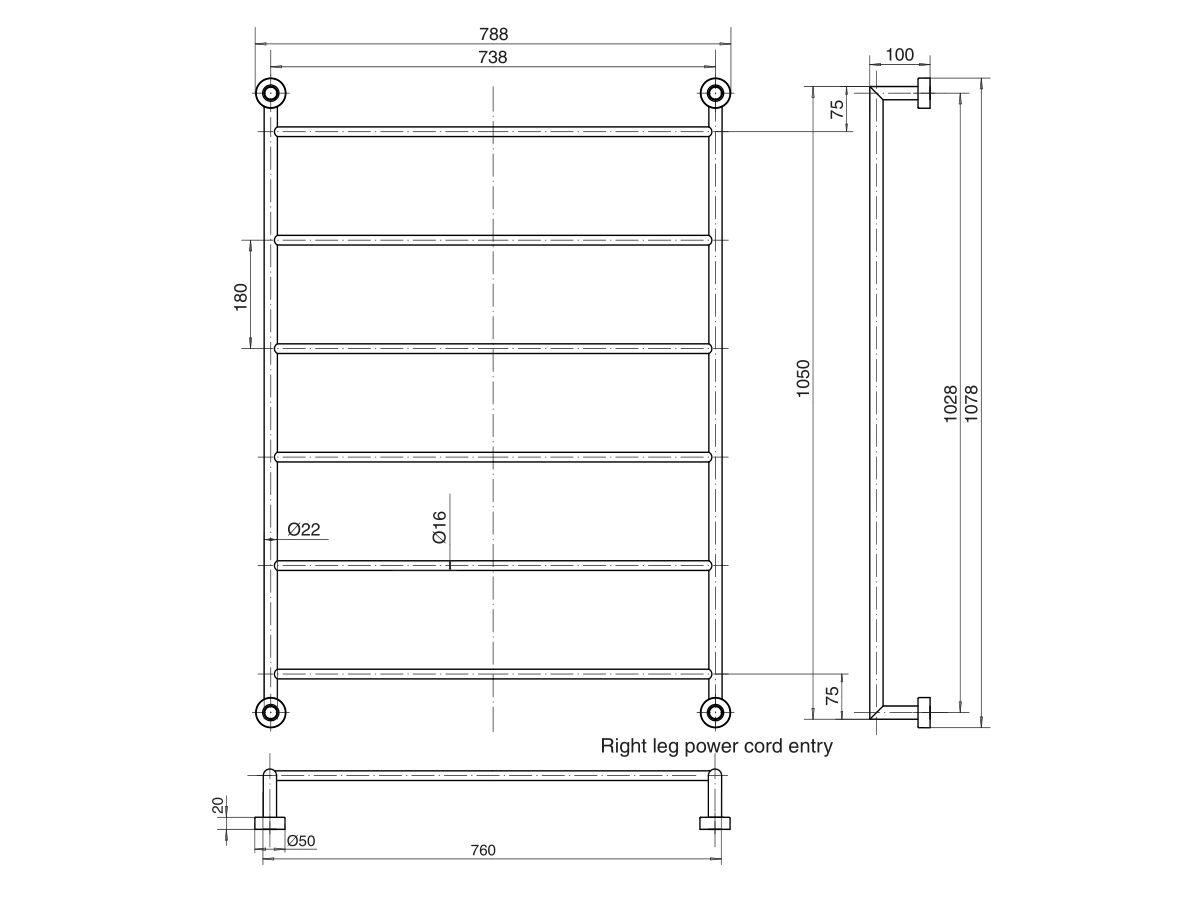 Mizu Drift Heated Towel Rail 760mm x 1050mm Polished Stainless Steel