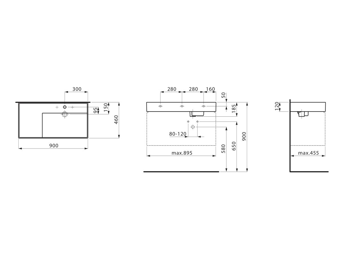 Technical Drawing -  LAUFEN Kartell Wall Basin with Shelf Right Hand Bowl 900mm x 460mm 1 Taphole